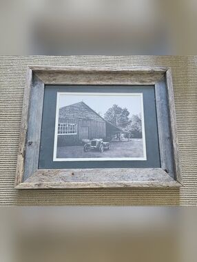 Rustic Reclaimed Barn Wood Framed B&W Vintage Car Print - Farmhouse Decor 14x16